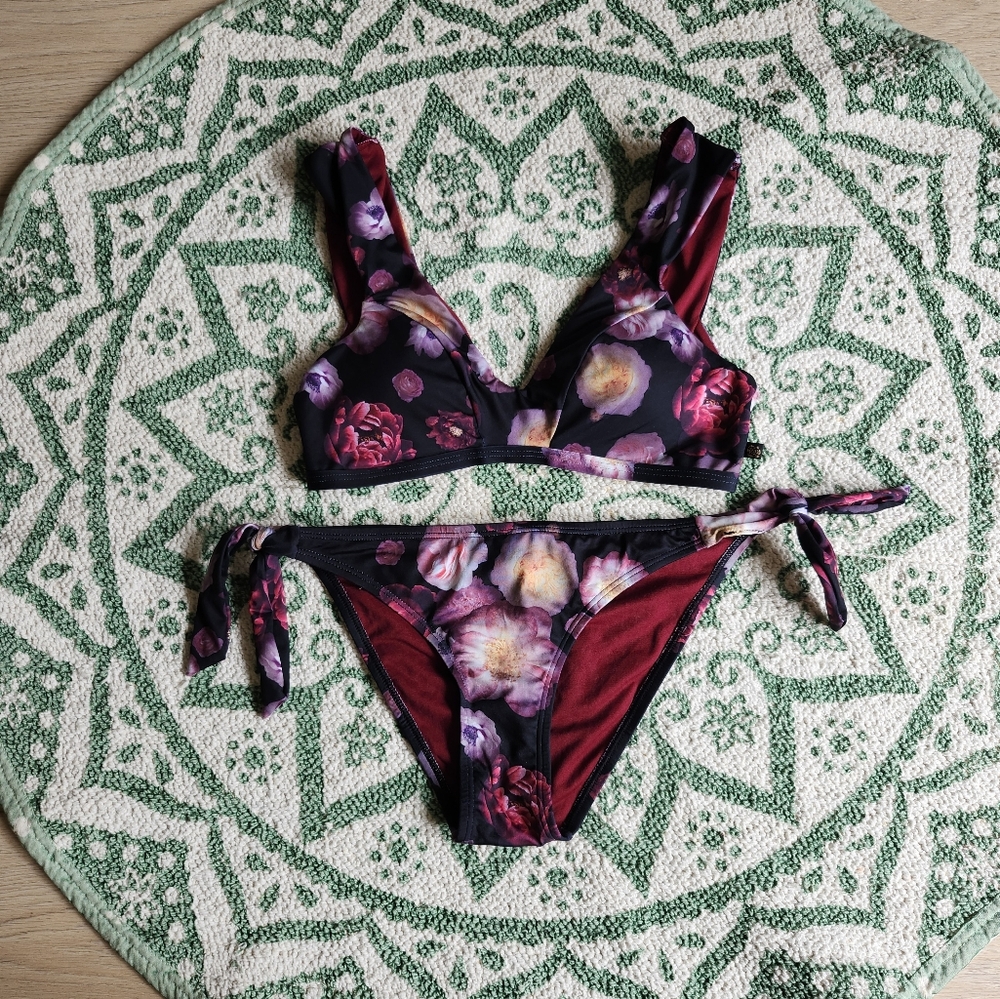 La Vie En Rose Floral Tie-Side Bikini — Black, Burgundy, Purple, Pink